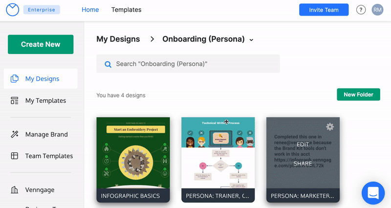 Na página Venngage My Designs, um usuário passa o mouse sobre o bloco de visualização de um design e clica em Compartilhar.  Um modal (caixa) 'Compartilhar este design' é exibido e o usuário digita o nome de um grupo no campo de texto em 'Compartilhar com grupos'.  O usuário então rola para baixo na barra lateral esquerda sob o nome da organização e seleciona o grupo com o qual compartilhou o design.  Quando o usuário clica no Grupo, o design compartilhado fica visível na página desse Grupo.