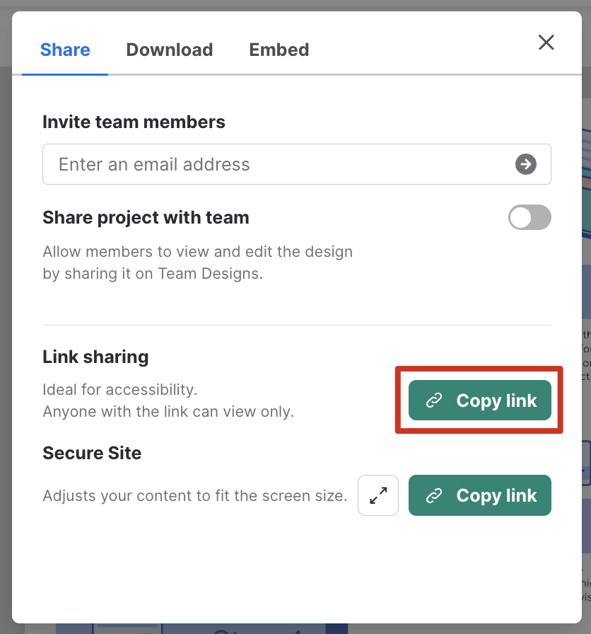 Image in the editor showing where to locate the copy link button