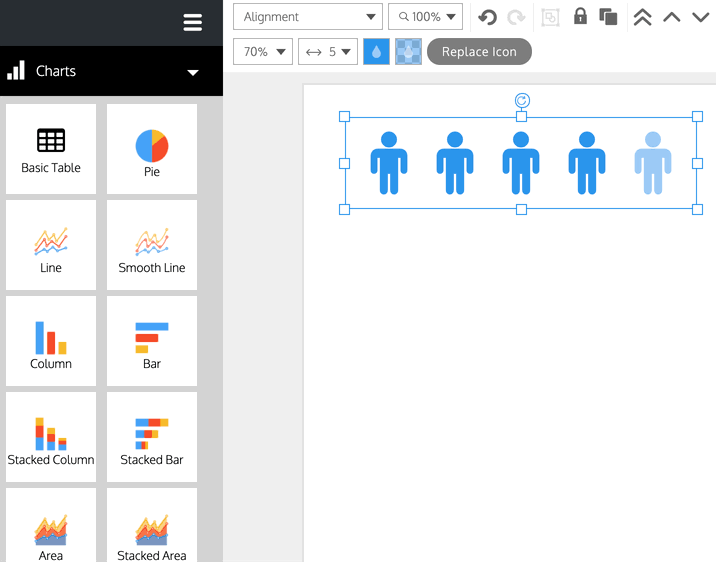 Aparece un gráfico de fila de iconos simple en un lienzo de diseño blanco en el editor de Venngage.  Los íconos son simples siluetas humanas en dos tonos de azul, uno más oscuro que el otro.  El usuario hace doble clic en el gráfico para abrir el menú Reemplazar y hace clic en una miniatura de una estrella en la galería, cambiando el icono del gráfico en el lienzo a estrellas, antes de hacer clic en más miniaturas y cambiando el gráfico a círculos simples. luego circuló los signos de dólar.