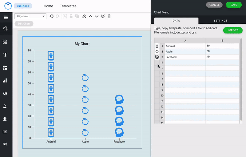 En el Editor de Venngage, se selecciona un gráfico de Columna de íconos en un lienzo de diseño azul y el panel Menú de gráfico está abierto en el lado derecho de la pantalla, mostrando dos pestañas: Datos y Configuración.  La pestaña Datos está seleccionada;  un usuario hace clic en la pestaña Configuración y la pantalla cambia a una serie de encabezados que representan las diferentes áreas personalizables de la Columna de iconos en el lienzo de diseño.  El usuario cambia el color de los íconos en el gráfico, cambiándolos de azul oscuro y azul claro a magenta brillante y ciruela oscuro.