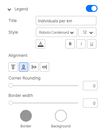 A seção 'Legenda' do painel Configurações com os controles descritos acima.