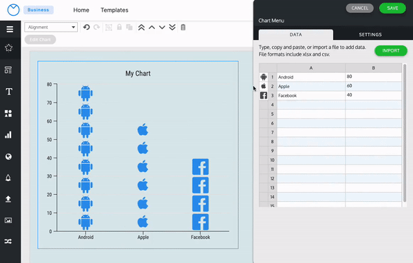 En el Editor de Venngage, se selecciona un gráfico de Columna de íconos en un lienzo de diseño azul y el panel Menú de gráfico está abierto en el lado derecho de la pantalla, mostrando dos pestañas: Datos y Configuración.  En la pestaña Datos, aparece una hoja de cálculo con tres filas denominadas Android, Apple y Facebook respectivamente;  al lado de cada uno de estos hay un número en la segunda columna que representa los datos en el gráfico en el lienzo.  A la izquierda de la primera columna de la hoja de cálculo y junto a cada uno de los elementos enumerados, hay una pequeña miniatura de un icono que representa esa etiqueta: en la primera es un icono de Android, en la segunda es el logotipo de la marca Apple y en el tercero, el logo de Facebook.  Un usuario hace clic en la miniatura del ícono de Android en la hoja de cálculo en el panel del menú Gráfico y se abre un widget sobre la hoja de cálculo,  con el encabezado Icon Search y una barra de búsqueda debajo.  El usuario escribe 'android' en la barra de búsqueda y devuelve resultados de iconos de un solo color en pequeñas miniaturas debajo de la barra;  el usuario hace clic en un icono de un teléfono con el logotipo de Android en la pantalla, y este aparece en la primera columna del gráfico Columna de iconos en el lienzo, reemplazando el logotipo simple de Android.  El usuario repite este proceso dos veces más, haciendo clic en los íconos de cada columna respectivamente, ingresando un término de búsqueda en la barra de búsqueda de íconos y haciendo clic en la miniatura de un ícono en los resultados, cambiando los íconos en el gráfico de columnas de íconos en el lienzo.  y esto aparece en la primera columna del gráfico Columna de iconos en el lienzo, reemplazando el logotipo simple de Android.  El usuario repite este proceso dos veces más, haciendo clic en los íconos de cada columna respectivamente, ingresando un término de búsqueda en la barra de búsqueda de íconos y haciendo clic en la miniatura de un ícono en los resultados, cambiando los íconos en el gráfico de columnas de íconos en el lienzo.  y esto aparece en la primera columna del gráfico Columna de iconos en el lienzo, reemplazando el logotipo simple de Android.  El usuario repite este proceso dos veces más, haciendo clic en los íconos de cada columna respectivamente, ingresando un término de búsqueda en la barra de búsqueda de íconos y haciendo clic en la miniatura de un ícono en los resultados, cambiando los íconos en el gráfico de columnas de íconos en el lienzo.