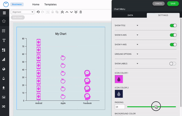 En el Editor de Venngage, se selecciona un gráfico de Columna de íconos en un lienzo de diseño azul y el panel Menú de gráfico está abierto en el lado derecho de la pantalla, mostrando dos pestañas: Datos y Configuración.  En la pestaña Configuración, aparece una lista de encabezados con diferentes secciones expandibles que permitirán al usuario personalizar la apariencia del gráfico.  Un usuario hace clic en cada una de las secciones y usa los menús y alterna para cambiar la apariencia del gráfico, agregando y ocultando etiquetas de datos, un título del gráfico y la escala del eje Y;  a medida que el usuario realiza los cambios, los ajustes del gráfico aparecen en el lienzo en tiempo real.