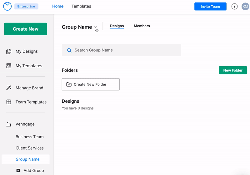 Na página inicial do site da Venngage, um usuário acessou um grupo intitulado 'Nome do grupo'.  O nome do Grupo é destacado na barra lateral esquerda, abaixo do nome da organização e de outros nomes de grupos;  no painel direito, o título 'Group Name' aparece no canto superior esquerdo, com uma seta para baixo.  Junto a este título existem dois subtítulos: Desenhos e Membros, dois separadores que permitirão ao utilizador visualizar os desenhos e membros do Grupo.  O usuário clica na seta para baixo ao lado do nome do Grupo;  isso se expande em um widget que diz 'Excluir grupo'.  O usuário clica em 'Excluir grupo' e um modal aparece, sobrepondo a página.  O título do widget é 'Excluir nome do grupo?'  E o texto abaixo descreve como esta ação excluirá permanentemente o grupo.  Na parte inferior do modal há um botão Cancelar e um botão Excluir;  o usuário clica em 'Excluir' e o Grupo desaparece;  a página é recarregada.  O Grupo não está mais visível na barra lateral esquerda e o usuário foi redirecionado para a página da organização que lista todos os Grupos ativos na organização.