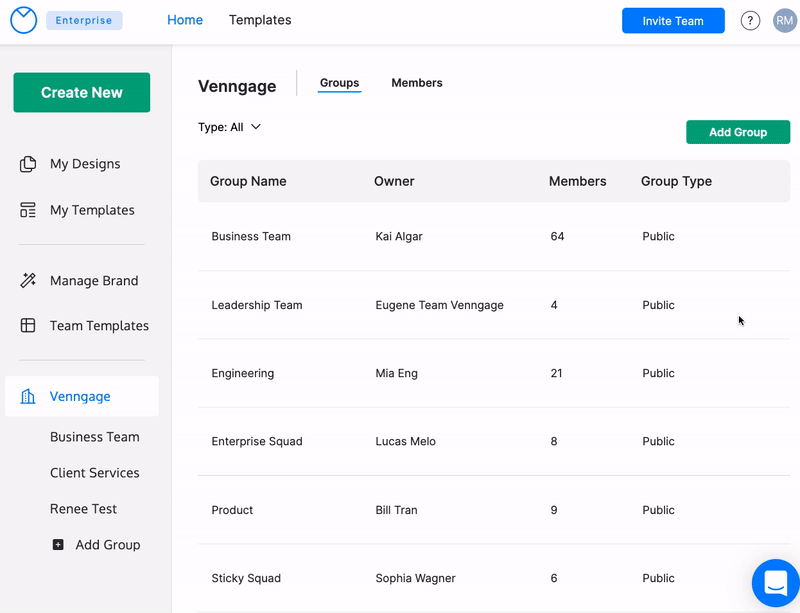 Na página inicial do site da Venngage, um usuário acessou a página Organização, que lista todos os grupos ativos na organização em uma tabela.  O usuário rola a página para baixo, onde aparece um grupo chamado 'Renee Test'.  O grupo é privado.  Há um menu kebab (três pontos horizontais) no final da linha, e o usuário clica nele para abri-lo;  eles selecionam no widget para Excluir o grupo.  Isso abre um modal na página;  o modal pergunta se o usuário deseja deletar este Grupo.  O usuário clica no botão 'Excluir' na parte inferior do modal e o Teste de Renee do Grupo é removido da página Grupos da organização. 