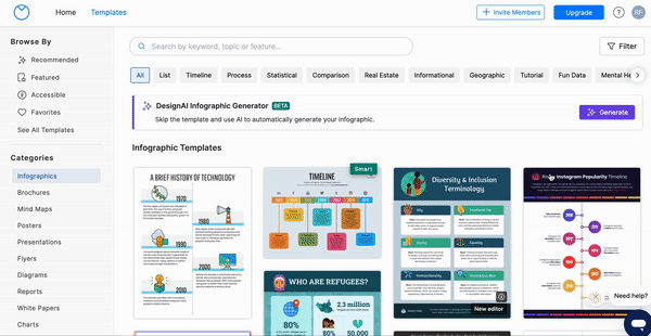 Na página Modelos do site da Venngage, um banner roxo aparece acima das miniaturas dos modelos, com o título ‘Gerador de infográfico DesignAI’.  Um usuário clica no botão 'Gerar' na extremidade direita do banner.  Um widget aparece no topo da página do modelo com o título ‘DesignAI Beta’ e um widget de chat bot diz ‘Dê-me um tópico para o seu infográfico ou escolha um tópico de exemplo abaixo’.  O usuário insere o ‘Guia do Tiktok’ na barra de texto.  O chatbot responde que começou a trabalhar para gerar o design.