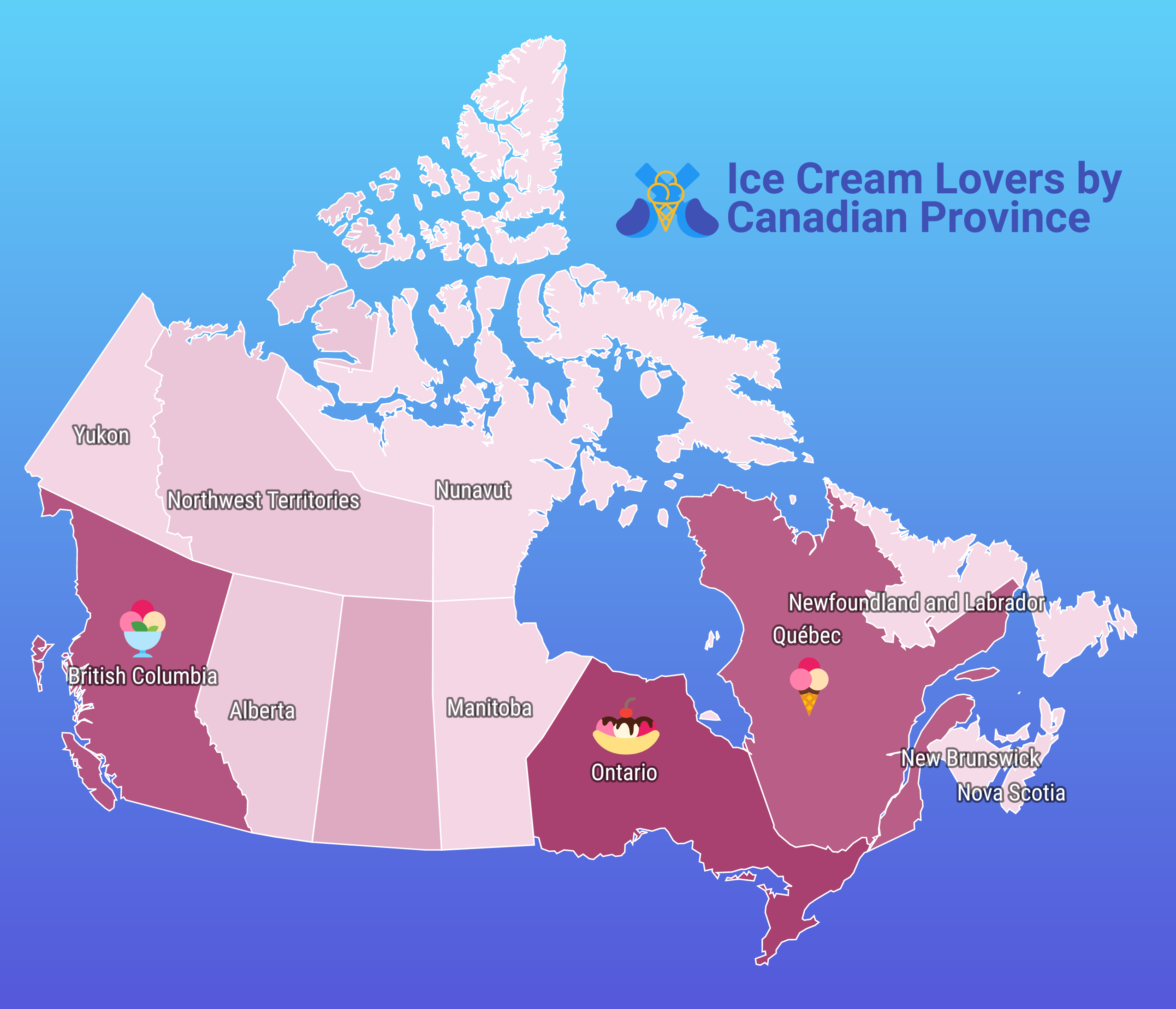 Un mapa de coropletas de Canadá titulado 'Amantes del helado por provincia canadiense'.  Los nombres de las provincias aparecen sobre cada una en texto blanco resaltado en negro, y las propias provincias tienen diferentes tonos de color en un degradado de rosa oscuro a rosa claro.  Las provincias de colores más oscuros tienen íconos de conos de helado y sundaes.  El fondo es un degradado de azul claro a azul oscuro.