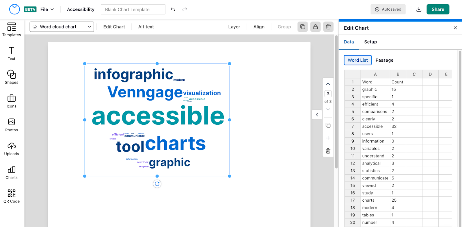 A still image shows a design canvas in the upgraded Venngage Editor. On the design canvas, which has a white background, a colorful word cloud appears with words in various sizes and colors (shades of blue and green). To the right of the screen, the Edit Chart panel is open to the Data tab; underneath the heading Word List, a series of words appears in the first column, with counts beside each word in the second column.