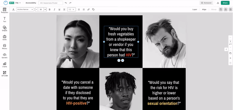 A design canvas in the upgraded Venngage Editor shows several black and white photos alternating with black squares showing white text on them. A user selects a text box in the top black square. The text box is currently aligned in the center of the black square. The user clicks 'Align' in the top toolbar, then selects 'Top' in the alignment widget. The text box shifts to the top of the black square. The user then selects a second text box, and uses the Align menu in the top toolbar to change the alignment of box text boxes on the design canvas, so that they are both at the top of the design canvas.