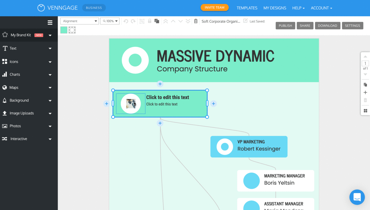 Un lienzo en el Editor de Venngage muestra un diagrama de organigrama con cuatro widgets visibles.  El widget en la parte superior tiene un rectángulo verde como fondo, texto a la derecha y a la izquierda, una forma de círculo blanco superpuesta con un archivo de imagen cuadrado.  El usuario hace clic en la forma del círculo y la imagen para seleccionar ambas en esa sección del widget;  luego hace clic en el menú de alineación en la barra de herramientas superior para cambiar la alineación de la forma.  Se mueve del centro a la izquierda, luego a la derecha, cambiando su alineación con respecto al texto.  La imagen y la forma del círculo se mueven juntas.