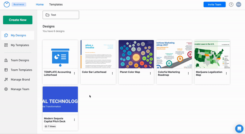 Na página Home/My Designs do site da Venngage, um usuário clica no menu kebab na miniatura do design de um design chamado TEMPLATE Accounting Timbrado.  O menu aparece e o usuário clica na terceira opção do menu, Salvar modelo.  Isso abre duas opções: Meus modelos e Modelos de equipe.  O usuário clica em Modelos de equipe.  A miniatura ainda está como estava na página Meus designs.  Na barra lateral esquerda da página, o usuário clica no link Modelos de equipe.  A página é carregada e a miniatura 'MODELO de papel timbrado de contabilidade' aparece na página.  Quando o usuário move o cursor sobre o modelo, ele tem a opção de criar um novo design a partir do modelo ou visualizar o design.