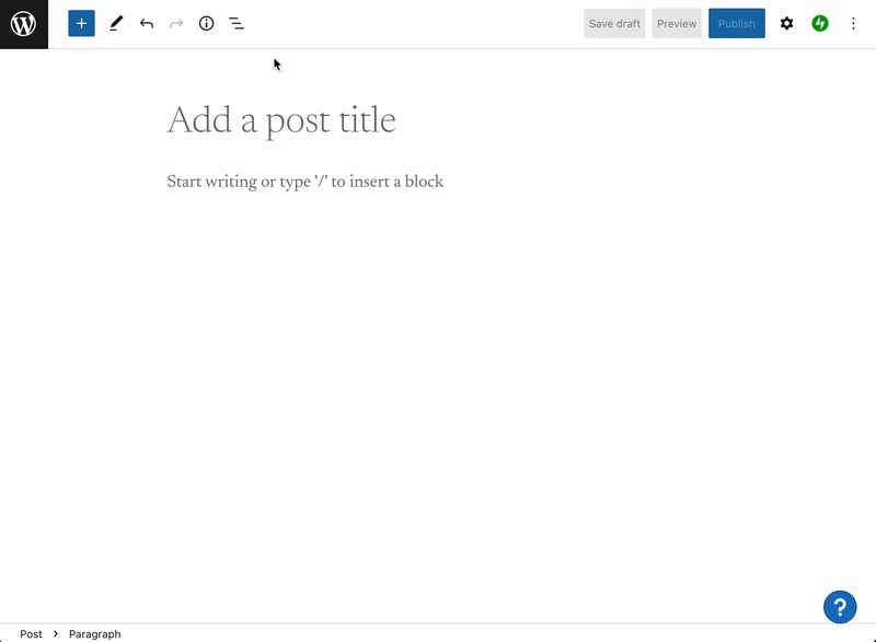 Em uma janela aberta para um novo post no Wordpress, um usuário digita Meu Infográfico no campo do título do post.  O usuário clica no ícone de mais para adicionar um novo bloco à postagem do Wordpress e rola para baixo as opções disponíveis até clicar em HTML personalizado no título Widgets.  Um bloco HTML aparece na postagem do Wordpress;  o usuário cola o código incorporado do editor da Venngage e usa os controles de navegação superiores acima do bloco de código para alternar para a visualização, que exibe o design do infográfico da Venngage no corpo da postagem do Wordpress.