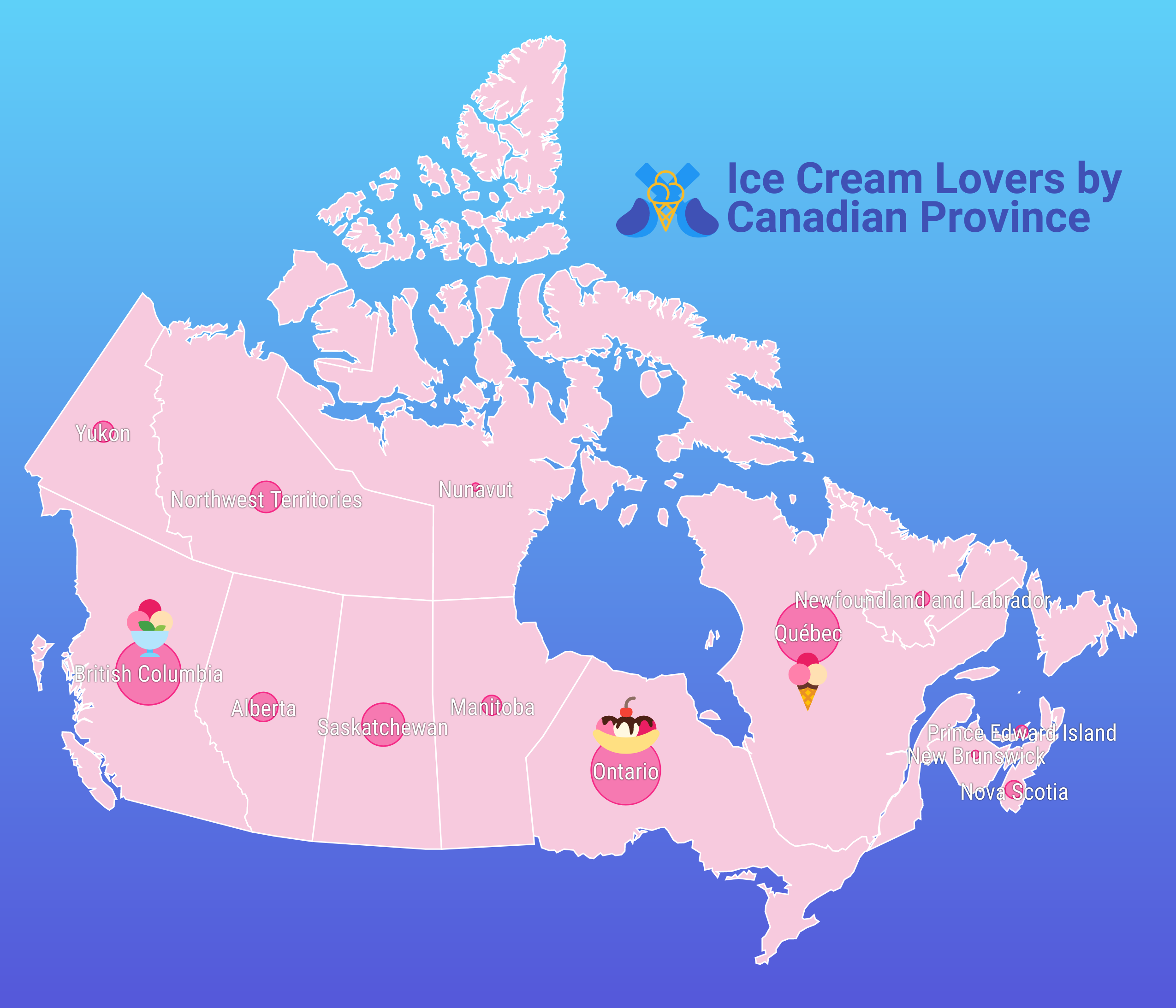 Una versión de mapa de burbujas de los 'Amantes del helado de la provincia canadiense' representada en el mapa de coropletas de arriba.  Los nombres de las provincias aparecen sobre cada una en texto blanco resaltado en negro, y las provincias en sí tienen el mismo tono de rosa claro.  Cada provincia tiene un círculo rosa oscuro de varios tamaños, que representa la cantidad de amantes del helado en cada provincia.  Las provincias con los círculos más grandes tienen íconos de helados y conos sobre ellos.  El fondo es un degradado de azul claro a azul oscuro.