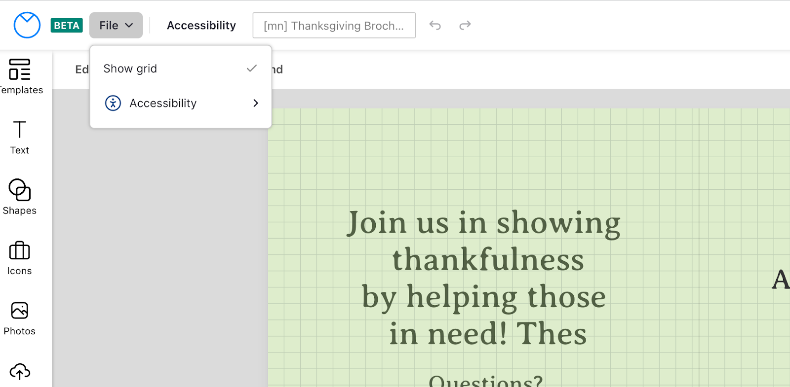 A partial view of a canvas in the upgraded Venngage Editor shows a design with a pale green background. Overlaying the canvas is a light grey grid. Above the canvas, in the navigation bar, the File menu is open and the 'Show grid' option is selected.
