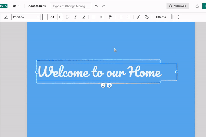 On a design canvas with a light blue background in the upgraded Venngage Editor, white text in a cursive font is visible on the canvas; a user clicks on the Letter Spacing widget in the top toolbar to change the spaces between the letters; the image then shifts, showing the user clicking the line height widget in the top toolbar and changing the height between lines of text.