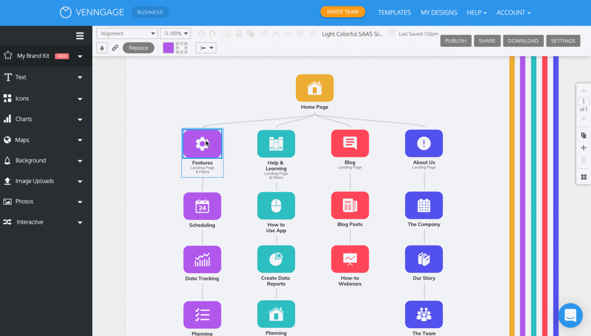 Un lienzo en el Editor de Venngage muestra un diagrama de arquitectura del sitio con cuatro columnas verticales paralelas, que irradian hacia abajo desde un widget etiquetado como "Página de inicio".  El usuario hace clic en uno de los widgets en la columna más a la izquierda, donde aparece un rectángulo violeta detrás de un simple ícono de ajustes.  El usuario hace clic en el ícono de ajustes para seleccionarlo, luego usa el menú de alineación en la barra de herramientas superior para cambiar la alineación del ícono en el rectángulo.  El usuario hace clic para mover el ícono a la izquierda del rectángulo y el engranaje cambia a la izquierda del rectángulo violeta.