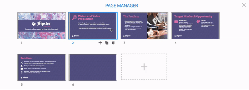 En un primer plano, el modal del Administrador de página es visible.  Hay 6 diapositivas en el diseño visibles en el modal, representadas por miniaturas.  Cada diapositiva está numerada de acuerdo a cómo aparece en la secuencia del diseño.  Un usuario mueve su cursor sobre la segunda diapositiva y hace clic en ella para seleccionarla.  Los íconos de herramientas aparecen en la parte inferior de la diapositiva, incluido un signo más, un par de rectángulos superpuestos y una papelera.  El usuario hace clic en los rectángulos superpuestos, lo que representa la herramienta Copiar página;  junto a ella aparece una copia exacta de la diapositiva, reemplazando a la tercera diapositiva que ahora aparece en la cuarta posición.  Ahora hay un total de 7 diapositivas representadas por miniaturas en el Administrador de páginas, y la diapositiva duplicada aparece como Diapositiva 3.