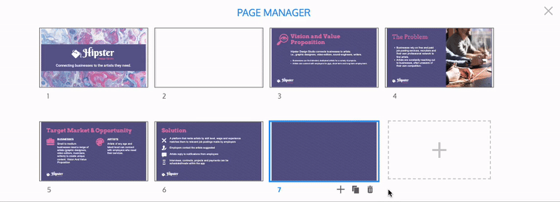Em um close-up do modal Gerenciador de páginas (caixa), há 7 miniaturas de slides.  Cada slide é numerado de acordo com a forma como aparece na sequência do desenho.  O usuário seleciona o segundo slide e clica no ícone 'Excluir página', que aparece como uma lixeira, abaixo dele.  Um botão vermelho com a palavra 'Excluir' aparece, sobrepondo a miniatura do slide.  O usuário clica no botão 'Excluir' e exclui o slide.  Agora restam 6 miniaturas de slides no modal do Gerenciador de páginas.