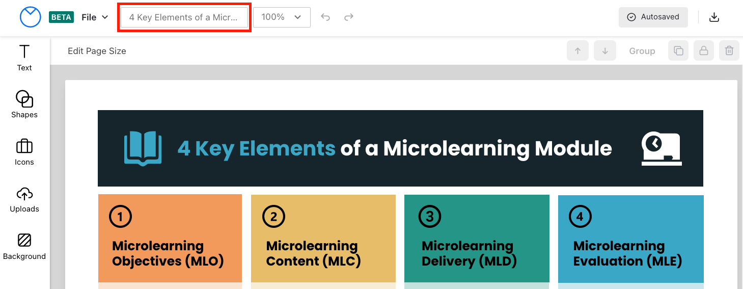 A partial view of a design canvas in the upgraded Venngage Editor shows a design entitled 4 Key Elements of a Microlearning Module. The text field that contains the document title is visible in the top toolbar, and is highlighted by a red frame.