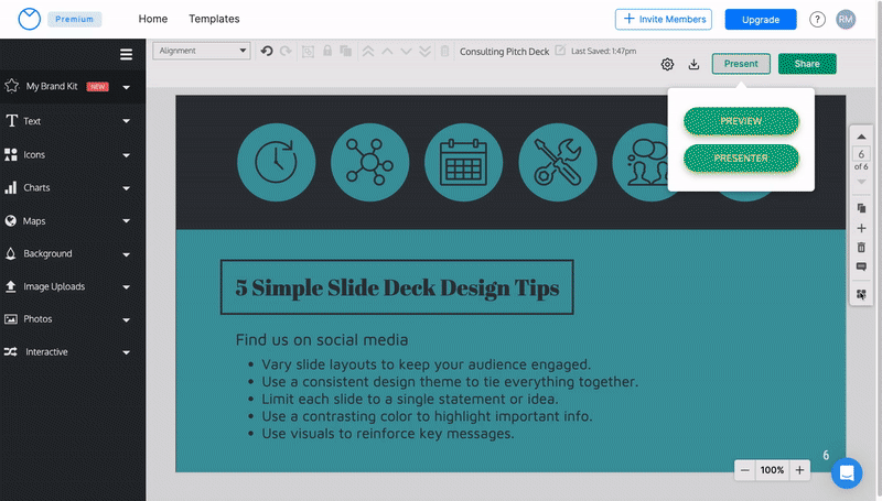 Un diseño titulado 'Consulting Pitch Deck' está abierto en el editor de Venngage y muestra la segunda de seis diapositivas.  Un usuario hace clic en el icono 'Administrador de páginas' en la barra de herramientas a la derecha del lienzo de diseño.  Se abre el modal Administrador de páginas, superpuesto al Editor: las seis diapositivas del diseño están visibles en el modal, representadas por miniaturas.  Cada diapositiva está numerada de acuerdo a cómo aparece en la secuencia del diseño.  El usuario selecciona la sexta diapositiva, hace clic y la arrastra a su posición como quinta diapositiva.  El usuario hace clic en la 'x' en la esquina superior derecha del modal para salir del Administrador de página.