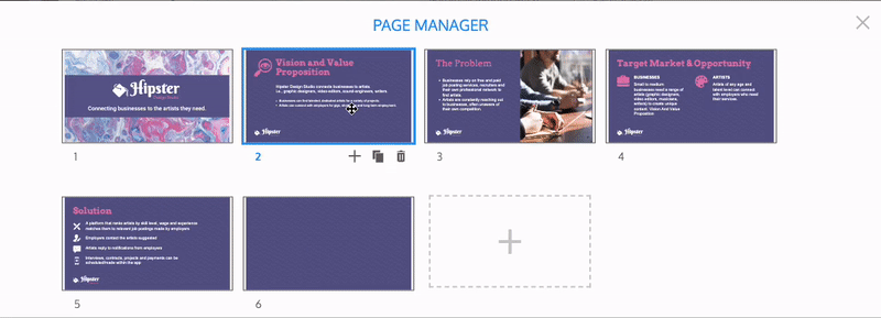Em um close-up do modal Gerenciador de páginas (caixa), há 6 miniaturas de slides.  Cada slide é numerado de acordo com a forma como aparece na sequência do desenho.  O usuário seleciona o segundo slide e clica no ícone 'Excluir página', que aparece como uma lixeira, abaixo dele.  Um botão vermelho com a palavra 'Excluir' aparece, sobrepondo a miniatura do slide.  O usuário clica no 'X' no canto superior direito da miniatura, que fecha a sobreposição Excluir;  a miniatura do slide permanece no modal do Gerenciador de páginas.