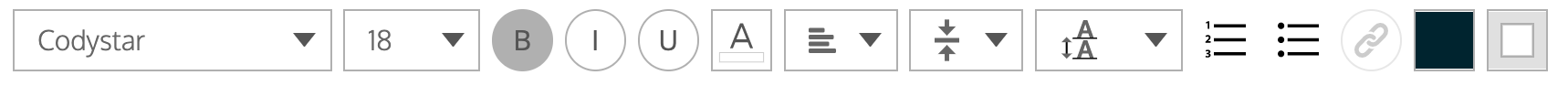 La barra de herramientas de estilo de tabla, de izquierda a derecha: Selector de tipo de fuente, selector de tamaño de fuente, Negrita, Cursiva, Subrayado, Selector de color de fuente, Alineación de texto, Alineación de celda, Espaciado entre líneas, Lista numerada, Lista con viñetas, Texto de hipervínculo, Selector de color de fondo de celda , Selector de color de borde de celda.
