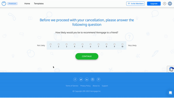 Un usuario se mueve a través del proceso para cancelar su suscripción, que incluye responder preguntas como calificar los servicios de la plataforma de Venngage en una escala, proporcionar detalles sobre por qué cancela su suscripción y dejar comentarios en un cuadro de comentarios, antes de hacer clic en 'Cancelar cuenta'.