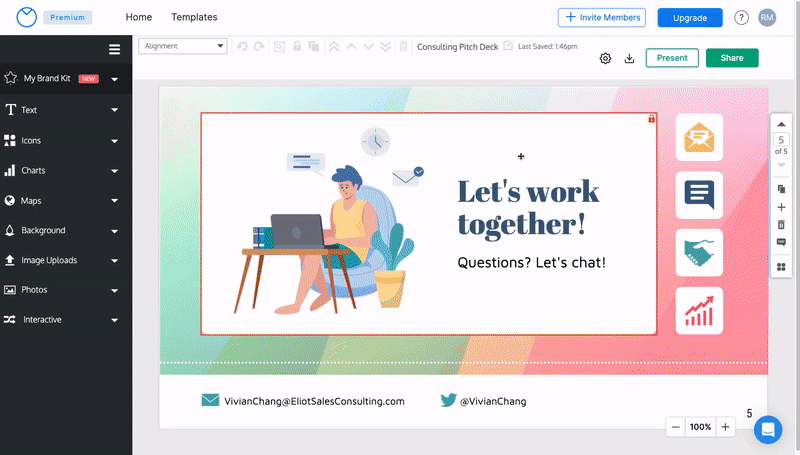 No Venngage Editor, uma apresentação intitulada 'Consulting Pitch Deck' está aberta.  Um usuário passa o mouse sobre a tela de design e clica no sinal de mais Adicionar página na barra de ferramentas do Gerenciador de páginas.  Um modal aparece, com o título Como você gostaria de fazer seu novo slide?  Existem duas opções abaixo: 'Usar um layout padrão' e 'Usar Design AI'.