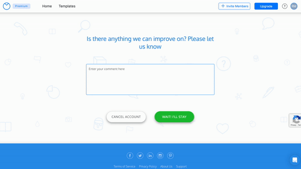 El usuario hace clic en 'Cancelar cuenta'.  Aparece un widget con el encabezado "¿Está seguro de que desea cancelar?"  El usuario hace clic en 'Sí, cancelar' y se le redirige a una página con el título 'Su cuenta se ha degradado correctamente'.