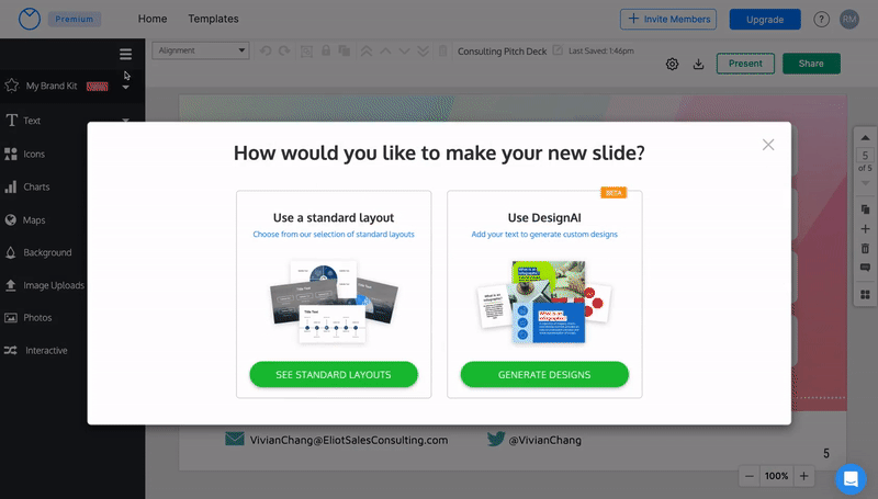 Um usuário clica em 'Usar Design AI' no novo modal de slide descrito acima.  Um novo modal aparece com o título Adicione seu texto.  Existem três campos de texto;  o usuário digita no segundo e clica em Projetar meu slide na parte inferior do modal.