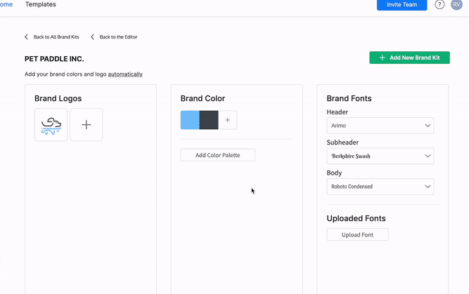 Una vista parcial de la página Administrar marca de Venngage.  En la tercera columna, un usuario hace clic en el botón Cargar fuente debajo del encabezado Fuentes cargadas.  Se abre una ventana del explorador de archivos del dispositivo del usuario, superpuesta a la pantalla, y el usuario selecciona un archivo de fuente .otf y lo abre.  Un modal (cuadro) reemplaza la ventana del explorador de archivos, con el título 'Sube tu fuente'.  El texto en el modal le indica al usuario que confirme que la fuente que está cargando no tiene derechos de autor u otra licencia que prohíba su uso.  El usuario hace clic en la casilla de verificación para confirmar y luego hace clic en el botón Cargar fuente en el modal, y el modal muestra una barra de progreso a medida que se carga la fuente.  Cuando la barra de progreso está llena, el modal indica que la carga está completa antes de que se cierre automáticamente.  Debajo del encabezado Fuentes cargadas en la tercera columna de la página Administrar marca,
