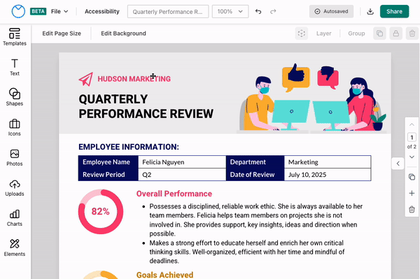 Uma tela de design cinza e branca com detalhes coloridos está aberta no Editor atualizado.  Um usuário clica no nome da empresa 'Hudson Marketing' , que aparece em rosa com o logotipo de um avião de papel na parte superior da tela.  As ferramentas na barra de ferramentas superior ficam acessíveis quando o logotipo é selecionado, incluindo um ícone de cadeado na extremidade direita da barra de ferramentas superior.  O usuário clica no ícone de cadeado e o logotipo da empresa aparece na tela com uma borda vermelha fina e um pequeno ícone de cadeado contornado em vermelho, indicando que está fixado na tela.