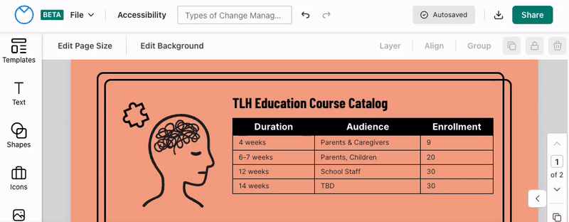 Uma visão parcial de uma tela de design cor de pêssego aberta no Editor atualizado, com detalhes e ícones pretos.  Um usuário clica na mesa e as ferramentas aparecem na barra de ferramentas superior.  O usuário clica no ícone de cadeado no lado direito da barra de ferramentas superior;  na tela, a tabela agora aparece com uma borda vermelha fina e um pequeno círculo branco no canto superior direito da tabela mostra um ícone de cadeado contornado em vermelho.