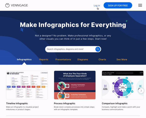 Um usuário clica no link Login na barra superior do site da Venngage, na página inicial.  A página carrega o log no modal.  O usuário digita seu e-mail e clica em 'Continuar'.
