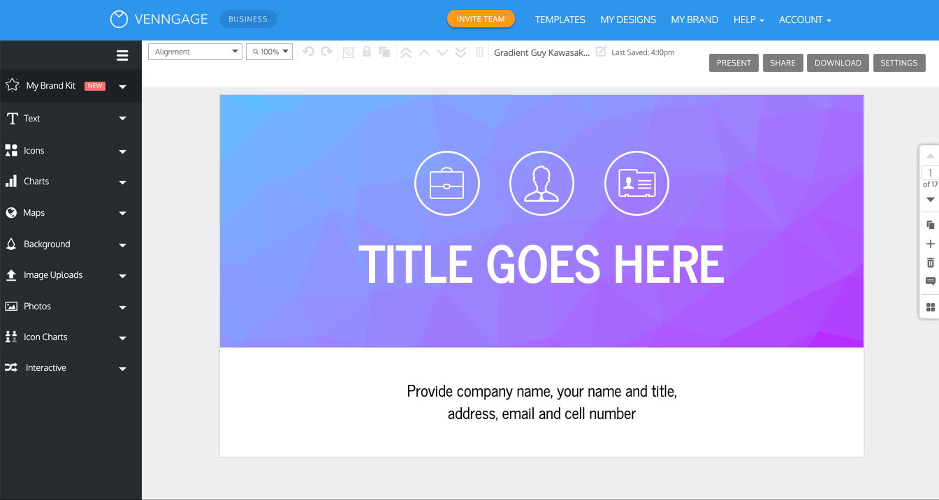 O modal Page Manager está aberto, sobrepondo-se ao Editor: são 16 slides no design, visíveis no modal, representados por miniaturas.  Cada slide é numerado de acordo com a forma como aparece na sequência do desenho.  O usuário seleciona o décimo slide e o arrasta para a posição atrás do sétimo slide, onde se torna o oitavo slide;  os slides após o oitavo slide mudam em um.  O usuário seleciona o décimo segundo slide e o arrasta para a posição atrás do segundo slide;  ele se torna o terceiro slide e os slides atrás dele mudam em um.