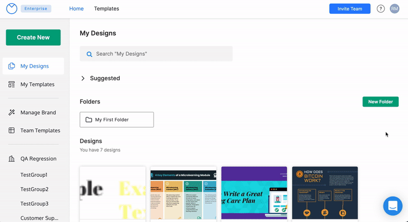 Um usuário rola a página Meus designs para baixo.  Eles passam o mouse sobre o bloco de visualização de um design intitulado “Como funciona o Bitcoin”.  O usuário clica em “Copiar link” na parte inferior do modal pop-up “Compartilhar este design” que aparece e uma mensagem aparece sobre a seção “Copiar link” que diz “Link copiado para a área de transferência”.