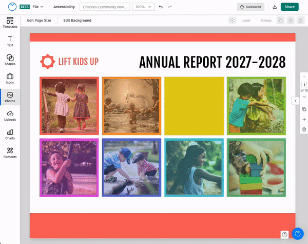En el editor actualizado de Venngage, se abre un lienzo de diseño colorido que muestra dos filas de fotos de niños jugando y participando en diferentes actividades.  Un usuario hace clic en 'Fotos' en la barra lateral izquierda y selecciona una imagen de stock de la galería.  La imagen de un niño pequeño haciendo burbujas aparece en el lienzo.  El usuario cierra la galería de la barra lateral izquierda y centra el lienzo de diseño en el Editor.