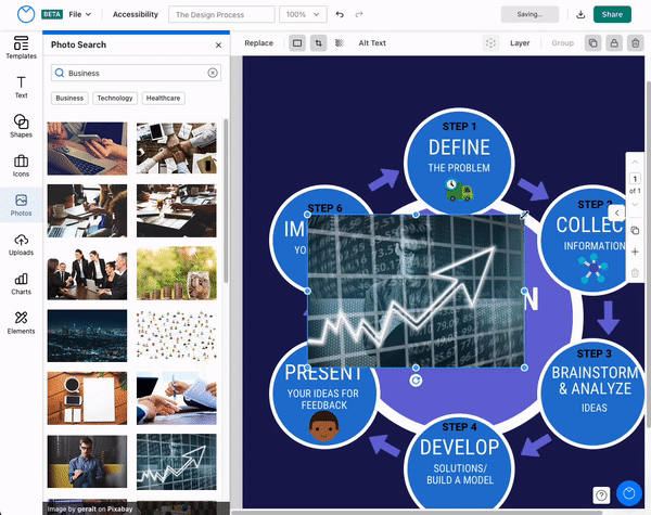 Un lienzo de diseño con un diseño de diagrama de flujo con muchos círculos azules aparece en el editor de Venngage actualizado.  La barra lateral izquierda está abierta a la herramienta Fotos, con los resultados de la búsqueda del término 'negocio' mostrados en la galería, parcialmente superpuestos al lienzo.  Un usuario selecciona una imagen de stock de una persona parada detrás de un gráfico que muestra datos con una tendencia ascendente con una flecha grande.  Cuando el usuario selecciona la imagen, aparece un conjunto de herramientas en la barra de herramientas superior, incluida la herramienta Recortar forma.  El usuario hace clic en Recortar forma y abre el menú, que muestra diferentes formas utilizables para recortar la imagen, incluidos rectángulos, triángulos, estrellas, etc. El usuario selecciona la forma del círculo y la imagen se recorta en un círculo.  Luego, el usuario hace clic en la herramienta Recortar en la barra de herramientas superior,  para mover la parte central de la foto al área resaltada y recortar parte de la imagen.  Luego, el usuario hace clic en una parte diferente del lienzo, anula la selección de la imagen y guarda las ediciones que le hizo con la herramienta de recorte.