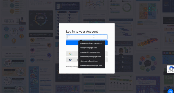 Un usuario inicia sesión en Venngage desde el sitio web principal, usando el modal 'Iniciar sesión en tu cuenta'.  Cuando el usuario ingresa su contraseña e inicia sesión, es redirigido a la página de inicio.  En esta página, se ven dos pestañas en el menú superior: 'Inicio' y 'Plantillas'.  'Inicio' es azul, lo que indica que el usuario está en esta pestaña.  El área principal de la página tiene tres encabezados bajo el título 'Mis diseños' en la parte superior, con una barra de búsqueda debajo.  El primer encabezado es 'Sugerido', con mosaicos de vista previa de diferentes tipos de plantillas debajo del encabezado que muestra categorías como 'Pósteres', 'Infografías', 'Redes sociales', etc.;  el segundo, 'Carpetas', debajo del cual aparece un icono que dice 'Crear nueva carpeta';  la tercera, 'Diseños', con el subtítulo 'Tienes 4 diseños'