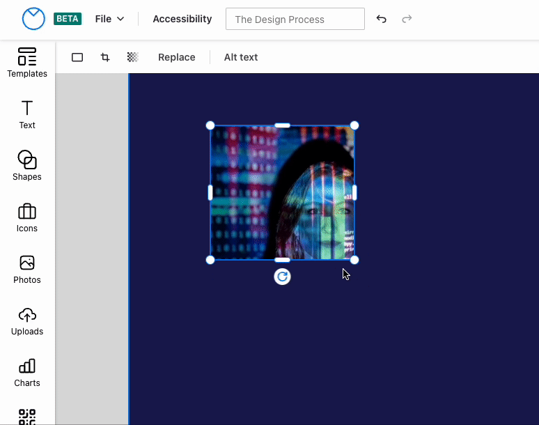 Sobre un fondo azul oscuro en el Editor de Venngage actualizado, aparece una foto colorida de una persona con cabello largo y una proyección de código de computadora sobre su rostro.  Un usuario selecciona la foto, que se recorta en un cuadrado, y hace clic en Recortar en la barra de herramientas superior para ingresar al modo Recortar.  Toda el área de la foto aparece ligeramente sombreada alrededor del área focal del recorte, que aparece en un color normal.  En la esquina inferior derecha del área sombreada que representa el tamaño total de la foto sin recortar, aparece un pequeño asa circular.  El usuario hace clic y arrastra el controlador, agrandando la foto y cambiando la parte de la foto que aparece en el área focal del marco de recorte.  El usuario también hace clic, arrastra y reposiciona el área focal del marco de recorte para centrar la foto.