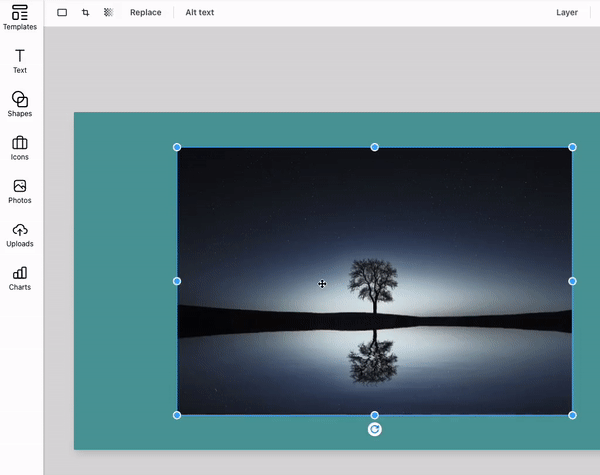 Uma tela de design com um fundo azul esverdeado simples aparece no Venngage Editor atualizado.  Um usuário seleciona uma foto grande de uma cena noturna de terra correndo ao lado de um corpo de água com uma única árvore alta no meio, seu reflexo visível na água abaixo dela.  A imagem sobrepõe parte da tela.  Quando o usuário seleciona a imagem, os controles aparecem na barra de ferramentas superior, incluindo o ícone Cortar.  O usuário seleciona o ícone de corte e a imagem na tela entra no modo 'cortar', onde toda a tela fica na sombra e a imagem que o usuário está editando é destacada em uma seção 'focal'.  As seções da imagem que são cortadas também aparecem na sombra.  Usando as alças na borda de seleção, o usuário redimensiona o recorte para torná-lo menor, destacando a seção superior direita da imagem na área focal.  Em seguida, o usuário clica dentro da área 'cortada' da imagem e reposiciona a foto para que a árvore apareça centralizada na área focal.  O usuário clica fora da imagem na tela e as edições feitas na imagem com a ferramenta de corte são salvas.  O usuário então clica na ferramenta Crop Shape na barra de ferramentas superior e muda a forma de corte de retângulo para círculo.  Isso desloca a árvore do centro da área focal.  O usuário clica na ferramenta Cortar na barra de ferramentas superior e clica e arrasta a imagem para que a árvore fique centralizada no círculo novamente.  O usuário então clica em uma parte diferente da tela, desmarcando a imagem e salvando as edições feitas nela com a ferramenta de corte.  O usuário clica fora da imagem na tela e as edições feitas na imagem com a ferramenta de corte são salvas.  O usuário então clica na ferramenta Crop Shape na barra de ferramentas superior e muda a forma de corte de retângulo para círculo.  Isso desloca a árvore do centro da área focal.  O usuário clica na ferramenta Cortar na barra de ferramentas superior e clica e arrasta a imagem para que a árvore fique centralizada no círculo novamente.  O usuário então clica em uma parte diferente da tela, desmarcando a imagem e salvando as edições feitas nela com a ferramenta de corte.  O usuário clica fora da imagem na tela e as edições feitas na imagem com a ferramenta de corte são salvas.  O usuário então clica na ferramenta Crop Shape na barra de ferramentas superior e muda a forma de corte de retângulo para círculo.  Isso desloca a árvore do centro da área focal.  O usuário clica na ferramenta Cortar na barra de ferramentas superior e clica e arrasta a imagem para que a árvore fique centralizada no círculo novamente.  O usuário então clica em uma parte diferente da tela, desmarcando a imagem e salvando as edições feitas nela com a ferramenta de corte.  O usuário clica na ferramenta Cortar na barra de ferramentas superior e clica e arrasta a imagem para que a árvore fique centralizada no círculo novamente.  O usuário então clica em uma parte diferente da tela, desmarcando a imagem e salvando as edições feitas nela com a ferramenta de corte.  O usuário clica na ferramenta Cortar na barra de ferramentas superior e clica e arrasta a imagem para que a árvore fique centralizada no círculo novamente.  O usuário então clica em uma parte diferente da tela, desmarcando a imagem e salvando as edições feitas nela com a ferramenta de corte.