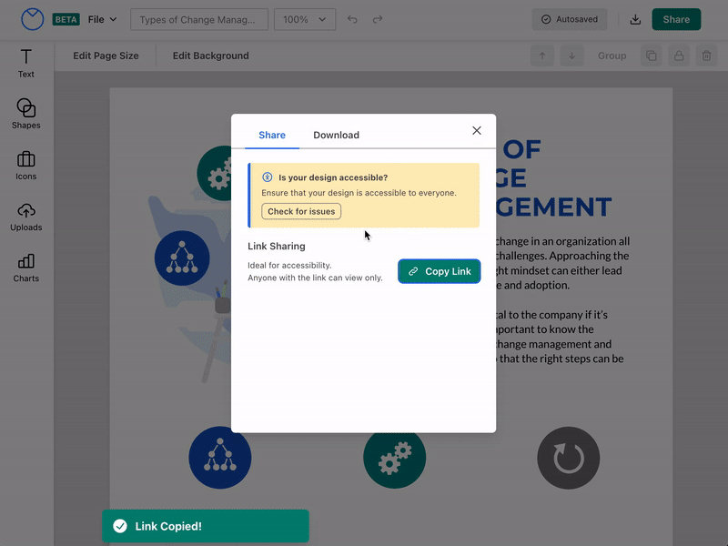El modal Share (cuadro) es visible sobre un lienzo de diseño accesible en el Editor de Venngage actualizado;  arriba del encabezado Compartir enlace hay un cuadro de contenido informativo que dice '¿Es accesible su diseño?  Asegúrate de que tu diseño sea accesible para todos'.  El usuario hace clic en 'Buscar problemas' y se cierra el modal Compartir.  El Comprobador de accesibilidad se abre en el panel de la derecha, superpuesto al lienzo de diseño.  Muestra dos pestañas: Verificar accesibilidad y Editar orden de lectura.  Está abierto para comprobar la accesibilidad.  En esta pestaña, una alerta en la parte superior de una lista de funciones de accesibilidad muestra el mensaje "9 problemas detectados".