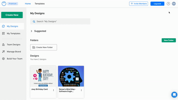 El usuario hace clic en el botón Cuenta en la barra superior, desde la página de inicio de Venngage.  El usuario hace clic en 'Mi cuenta' en el menú de la cuenta.  La página redirige desde la página de inicio a la página de la cuenta, abra la pestaña Perfil.  El usuario hace clic en la pestaña "Suscripción" debajo de la pestaña de perfil en la barra lateral izquierda y se desplaza hacia abajo en la página con los detalles de su suscripción.
