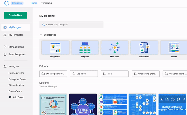 Un usuario de Enterprise en la página Inicio Mis diseños del sitio web de Venngage hace clic en Plantillas de equipo en la barra lateral izquierda.  Aparece quinto en el menú, en Crear nuevo, Mis diseños, Mis plantillas y Administrar marca.  Se carga la página Plantillas de equipo y se ve una miniatura de diseño en la página.&nbsp;