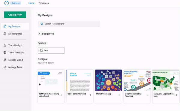 Un usuario comercial en la página Inicio Mis diseños del sitio web de Venngage hace clic en Plantillas de equipo en la barra lateral izquierda.  Aparece quinto en el menú, en Crear nuevo, Mis diseños, Mis plantillas y Diseños de equipo.  Se carga la página Plantillas de equipo y se ve una miniatura de diseño en la página.