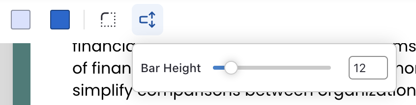 A close-up of the top toolbar in the upgraded Editor, where the Bar Height tool is selected and the widget is open, displaying a slider the same as the one that appears in the Donut Hole tool widget for Donut and Half-Donut stat charts.