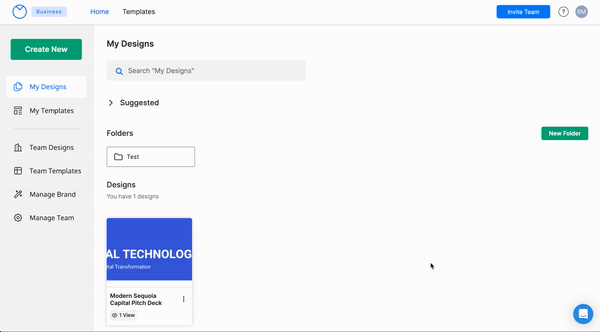 Desde la página de inicio de Mis diseños en el sitio web de Venngage, un usuario hace clic en Administrar marca en la barra lateral izquierda, donde aparece debajo de Plantillas de equipo.  Se carga la página Administrador de marca y se muestran tres columnas: Logotipos de marca, Color de marca y Fuentes de marca.  Debajo de las dos primeras columnas hay un ícono de signo más con una burbuja de notificación que contiene instrucciones para el usuario.  En Logotipos de marca, la notificación dice "Cargue sus logotipos para arrastrarlos y soltarlos fácilmente".  En Brand Color, la notificación dice "Cree una paleta de colores que pueda aplicar a los diseños".  En la columna Fuentes de la marca, hay tres subtítulos: Encabezado, Subencabezado y Cuerpo.  Debajo de cada uno de estos hay un menú desplegable que muestra el nombre de la fuente seleccionada para ese tipo de texto.  En la parte inferior de la columna hay un botón donde el usuario puede cargar fuentes personalizadas.