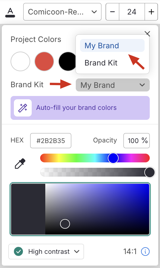 Image in the editor showing where the brand kit dropdown is located