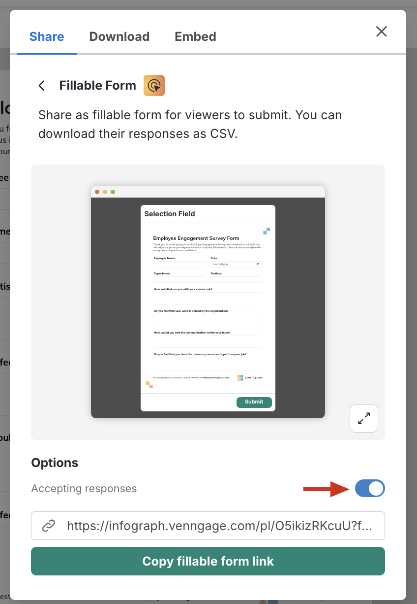 Image showing where to locate the 'Accepting responses' button