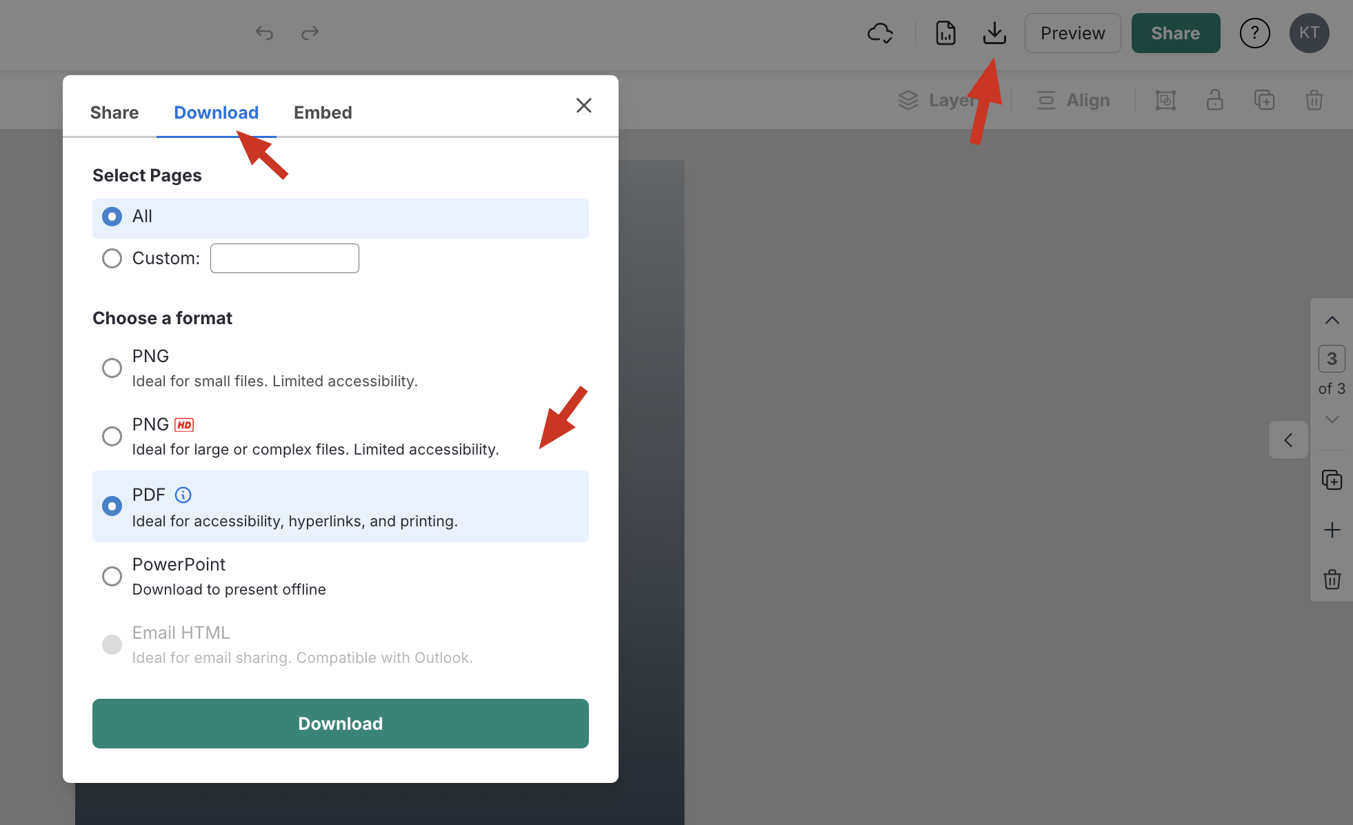 Image in the editor showing the steps on how to download as PDF